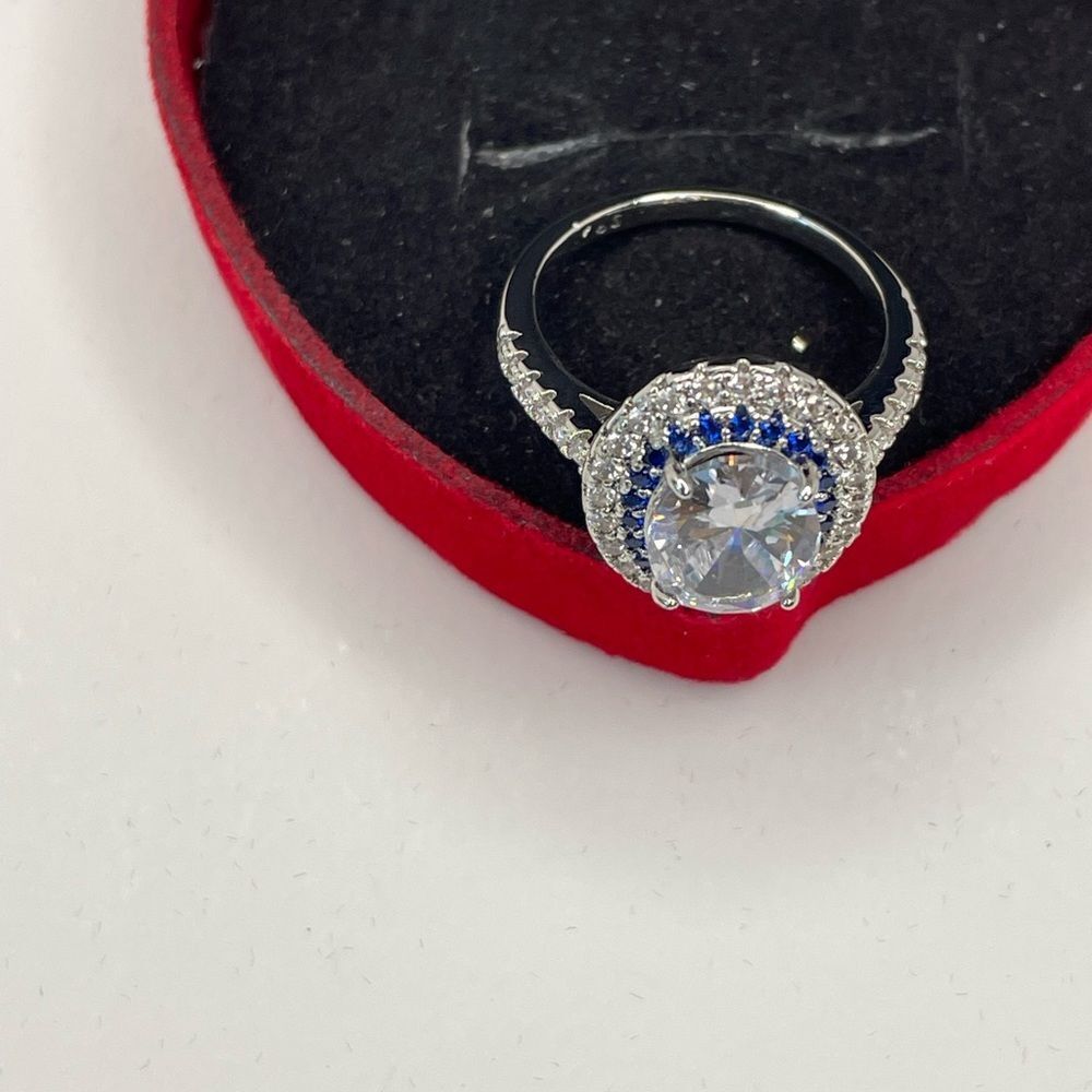 925 BLUE SAPPHIRE ROUND CUT BRIDAL WEDDING RING - Picture 10 of 15